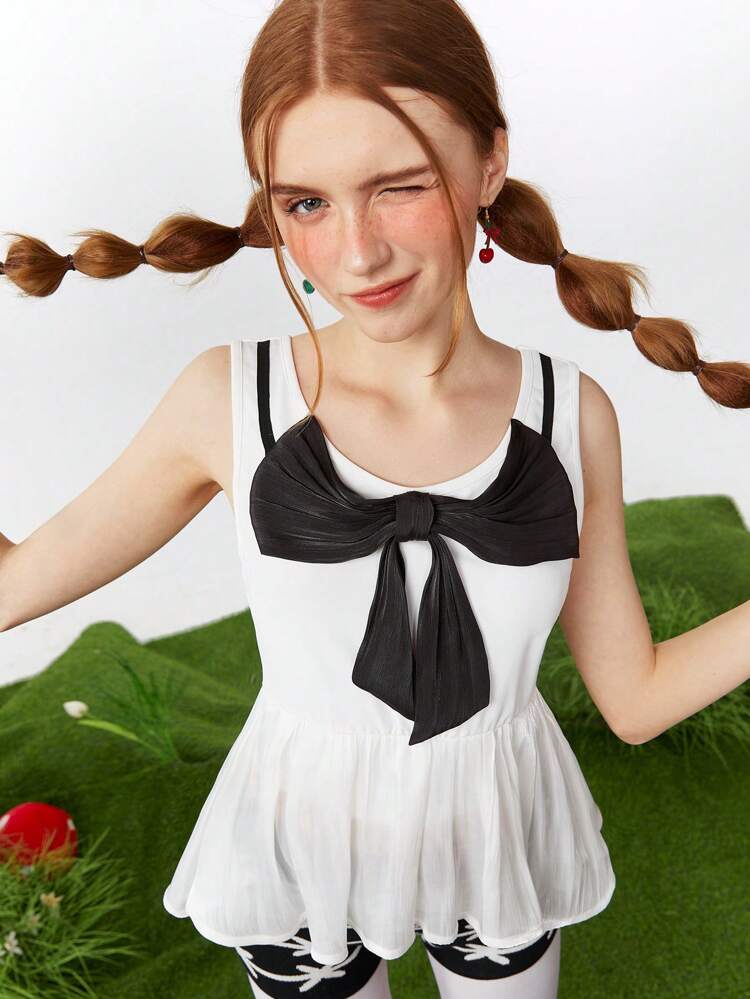 Women's  Color-Block Black Bow Decorated Waistcoat