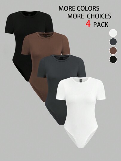 SHEIN LUNE Women's Solid Color Simple And Versatile Short Sleeve Bodysuit