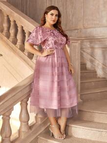 SHEIN Belle Plus Size Pink-Orange Layered Ruffled Evening Dress With Sweet And Romantic Patchwork For Cocktail Party