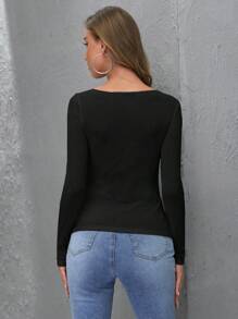 SHEIN BASICS 按壓紐扣合身上衣 - 黑色 - 查看 7