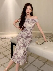 DAZY 女士印花露肩连衣裙，收腰设计，适合舞会、吊带裙等场合，花卉图案 - 淡紫色 - 查看 3