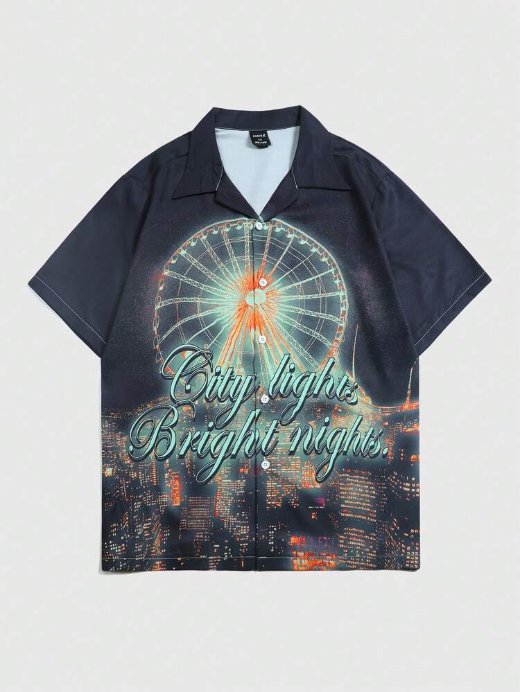 Artist Men Slogan Ferris Wheel Print Short Sleeve Hawaiian Shirt, Vacation Shirt For Summer, Holiday, Spring, Festival, Ibiza Fits