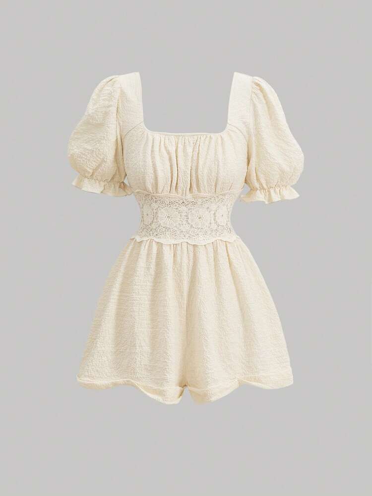 Vintage Hollow Out & Water Soluble Flower Lace Spliced Jumpsuit With Bubble Sleeves And Belted Waist
