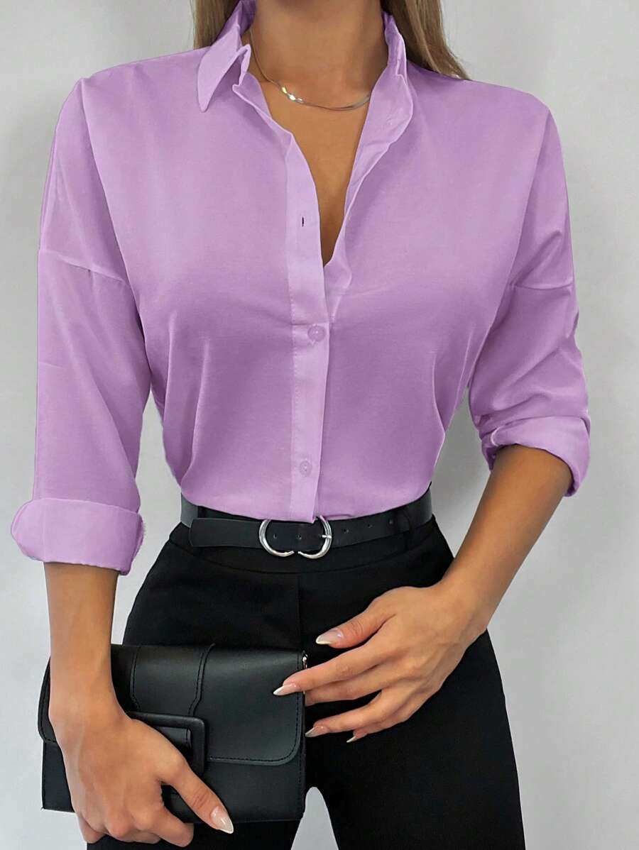 Cottnline Women's Solid Color Long Sleeve Shirt, Suitable For Spring And Summer - Lilac Purple - View 1