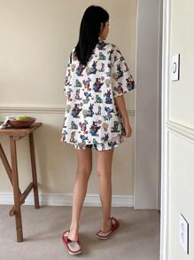 DAZY Women's Cute And Delicate Cartoon Pattern Short Sleeve And Shorts Pajama Set White Set Summer