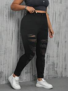 SHEIN EZwear 大尺碼女款仿舊修身牛仔褲 - 黑色 - 查看 5