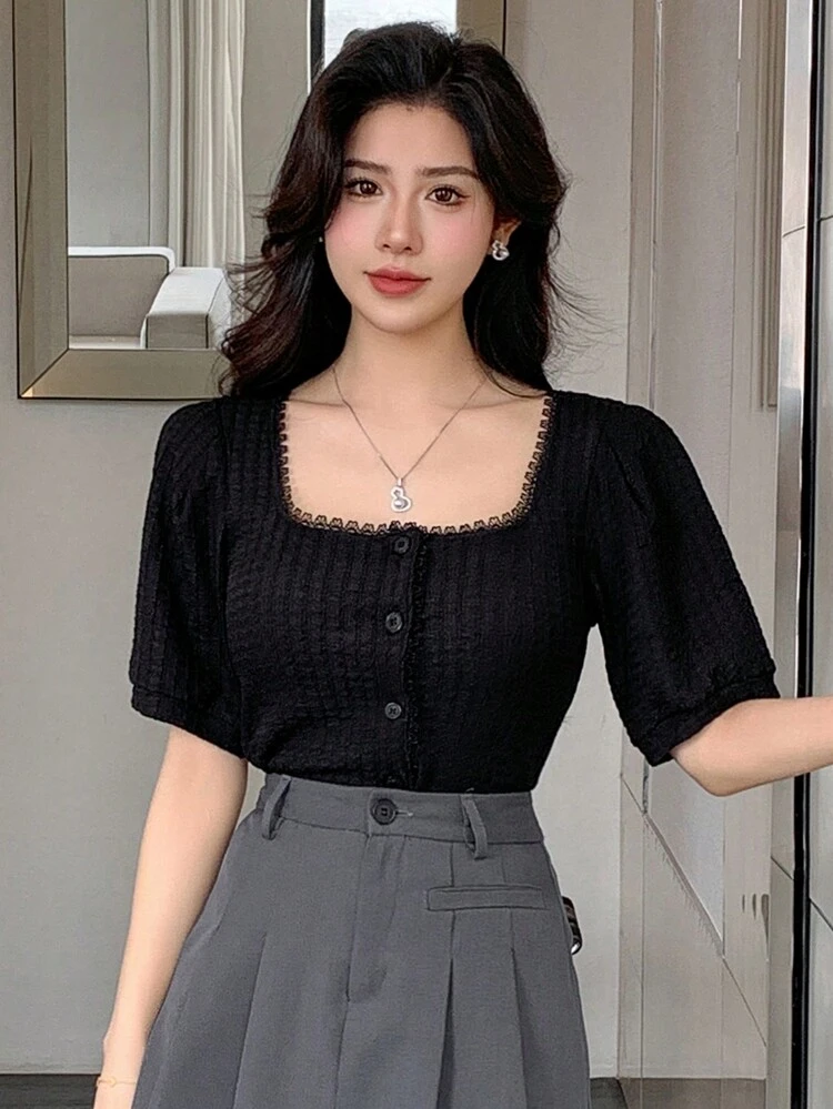 Women's Solid Color Textured Fabric Square Neck Short Sleeve Shirt, Suitable For Summer,Short Sleeve Tops Cute Tops