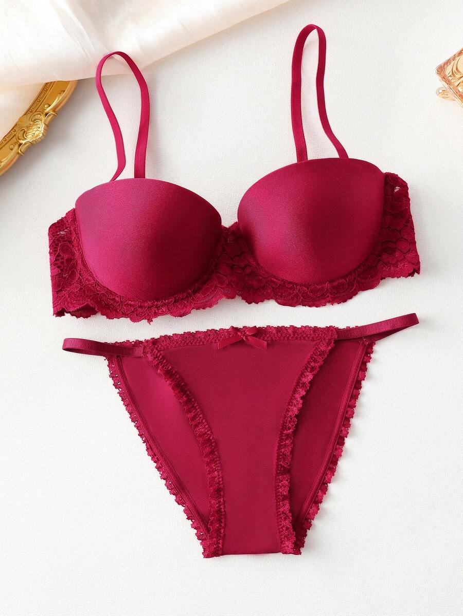 Lace Trim Underwire Bra And Panties Set For Women - Burgundy - View 1
