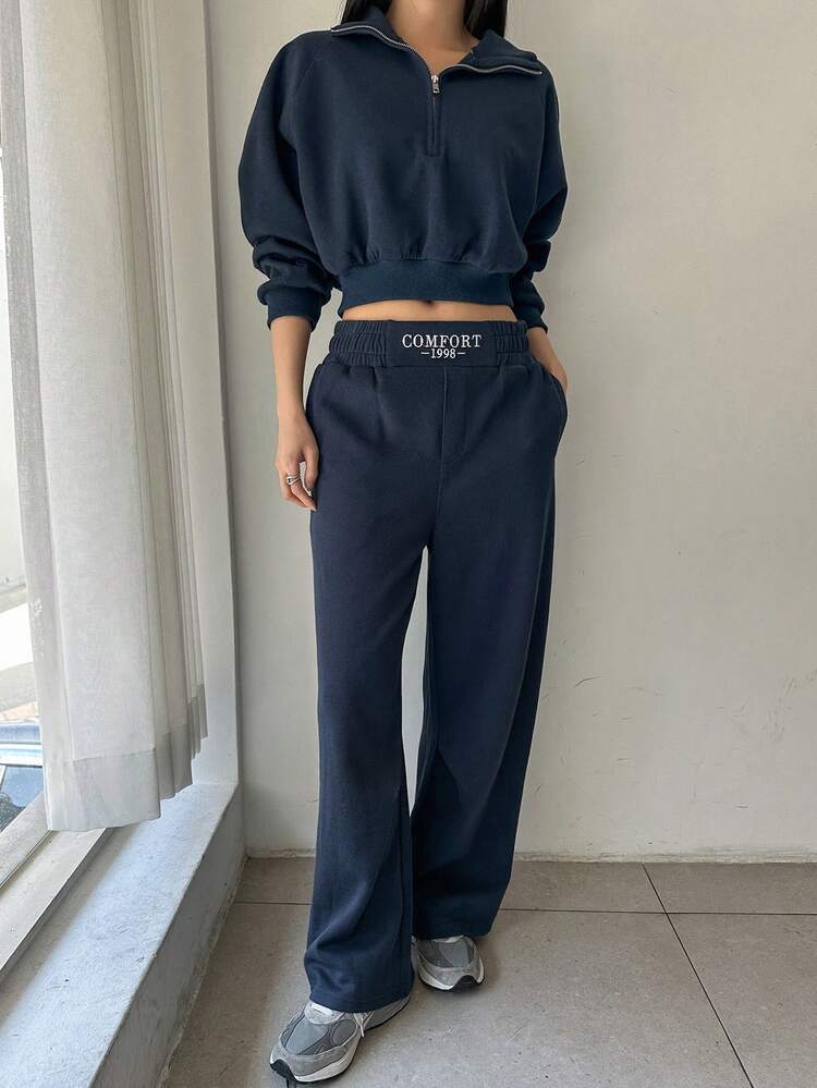 Women's Raglan Sleeve Half Zipper Knit Sweatshirt And Pants Set