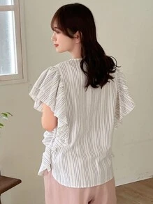 FRIFUL Camisa de mujer con cuello redondo a rayas, mangas de volantes en los hombros, adecuada para el verano, con volantes - Multicolor - Ver 5