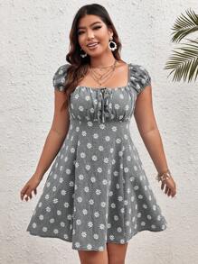 Dreamara 大碼花卉印花方格系帶前扣夏季連衣裙 - 黑與白 - 查看 5