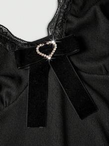 ROMWE Kawaii 女士 Himekaji 可爱纹理面料蝴蝶结和蕾丝细节娃娃吊带背心上衣，学校 - 黑色 - 查看 3