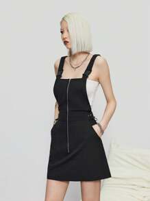 SHEIN EZwear 女式gorpcore前中拉鍊工裝連身裙 - 黑色 - 查看 3