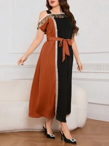 Modelyn 女士不對稱領口拼接腰帶和流蘇細節連衣裙 - 鏽棕色 - 查看 5