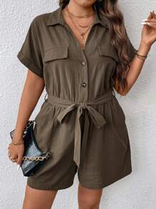 Calvaya 大尺碼鈕扣前結帶領口翻邊連體褲 - 軍綠色 - 查看 5