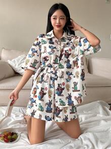 DAZY Women's Cute And Delicate Cartoon Pattern Short Sleeve And Shorts Pajama Set White Set Summer