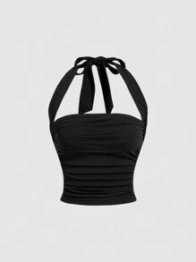 SHEIN MOD Black Solid Color Knitted Lace-Up Halter Neck Women's Top