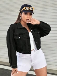 SHEIN EZwear 大碼單排扣牛仔夾克,適合春秋季節穿著 - 黑色 - 查看 1