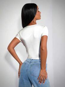 SHEIN BAE Body And Bikini Printed Fun Slim Short Sleeve Women T-Shirt - White - View 2