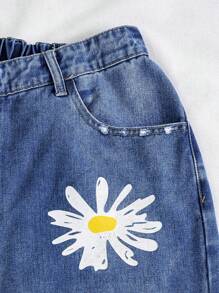 Vaqueros Rasgados Con Estampado De Margaritas De Talla Grande Para Mujer