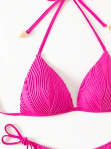 SHEIN Swim 夏季海滩女士纯色挂脖式后系带两件套比基尼套装 - 玫紅色 - 查看 4