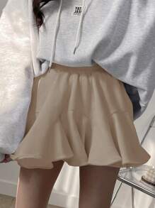 DAZY 女性純色休閒彈性腰帶羊毛裙 - 卡其色 - 查看 5