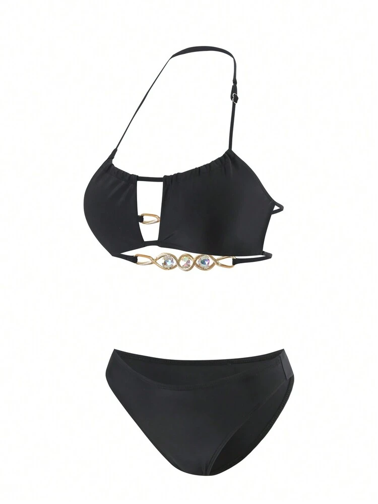 Women's Plain Color Halter Neck Bikini Top And Bottom Separates, Ideal For Summer And Beach