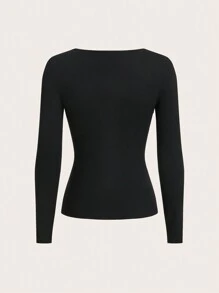 SHEIN BASICS 按壓紐扣合身上衣 - 黑色 - 查看 2