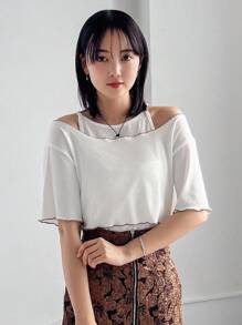 FRIFUL 女士純色細肩帶背心褲配撞色圓領t恤2件套裝 - 白色 - 查看 4