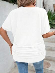 EMERY ROSE Plus Size Women's Summer Solid Color V-Neck Short Sleeve Pleated Casual T-Shirt
