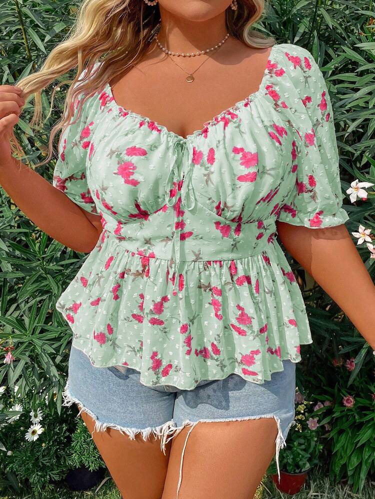 Plus Size Henley Neckline Printed Shirt With Peplum Hem