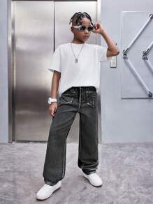 SHEIN Tween Boy Stylish Personalized Metallic Loose Straight Leg Black Jeans For Summer - Black - View 3