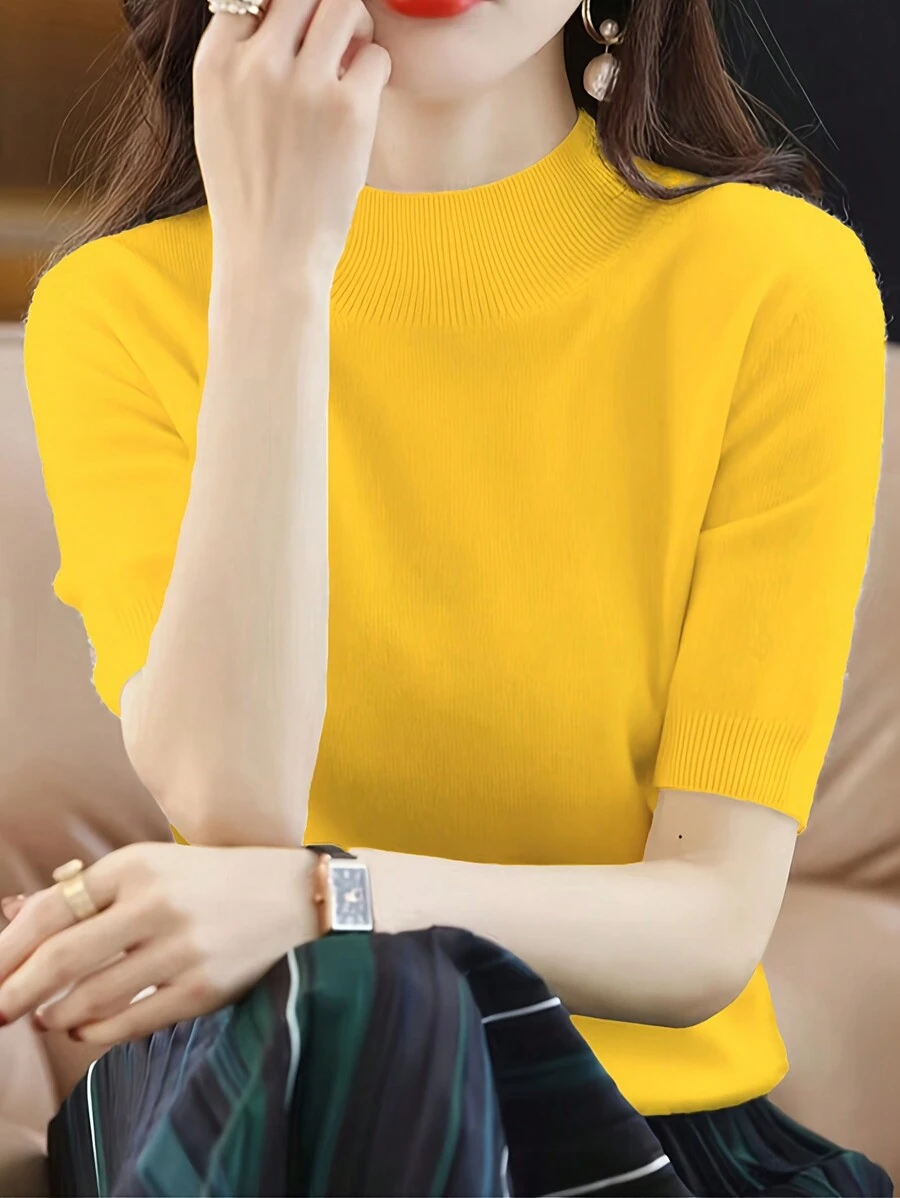 EMERY ROSE Women's Solid Color Half High Neck Short Sleeve Knit Top - Yellow - View 1