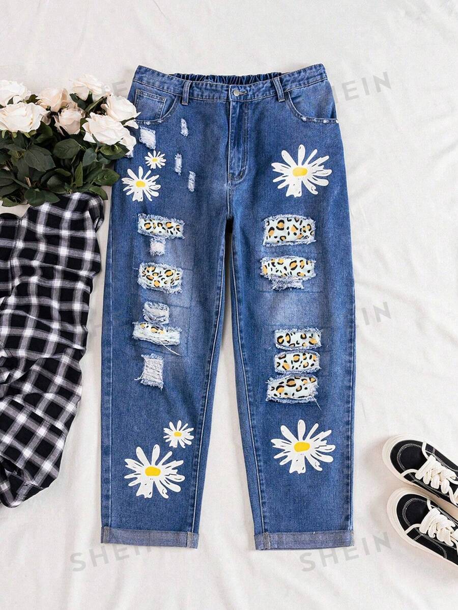 Vaqueros Rasgados Con Estampado De Margaritas De Talla Grande Para Mujer