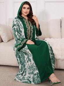 Al Najma 大码女式春夏阿拉伯服装，带植物印花、拼布和抽绳兜帽，休闲长袖连衣裙 - 彩色 - 查看 1