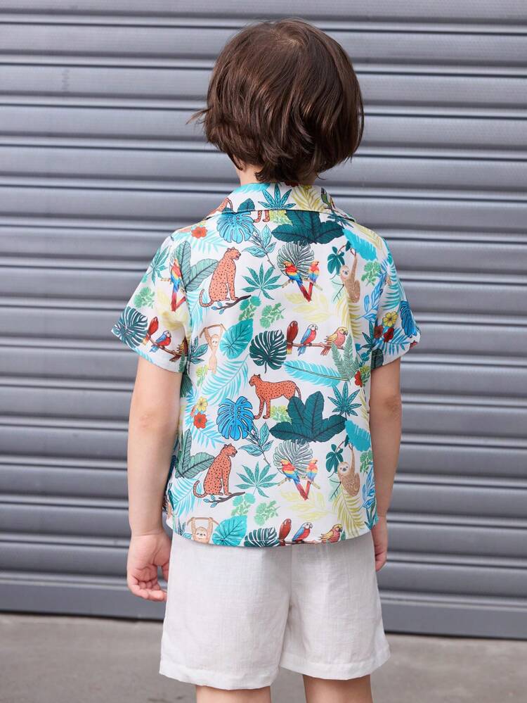 2pcs/Set Young Boy Tropical Plant & Animal Printed Short Sleeve Shirt And Shorts