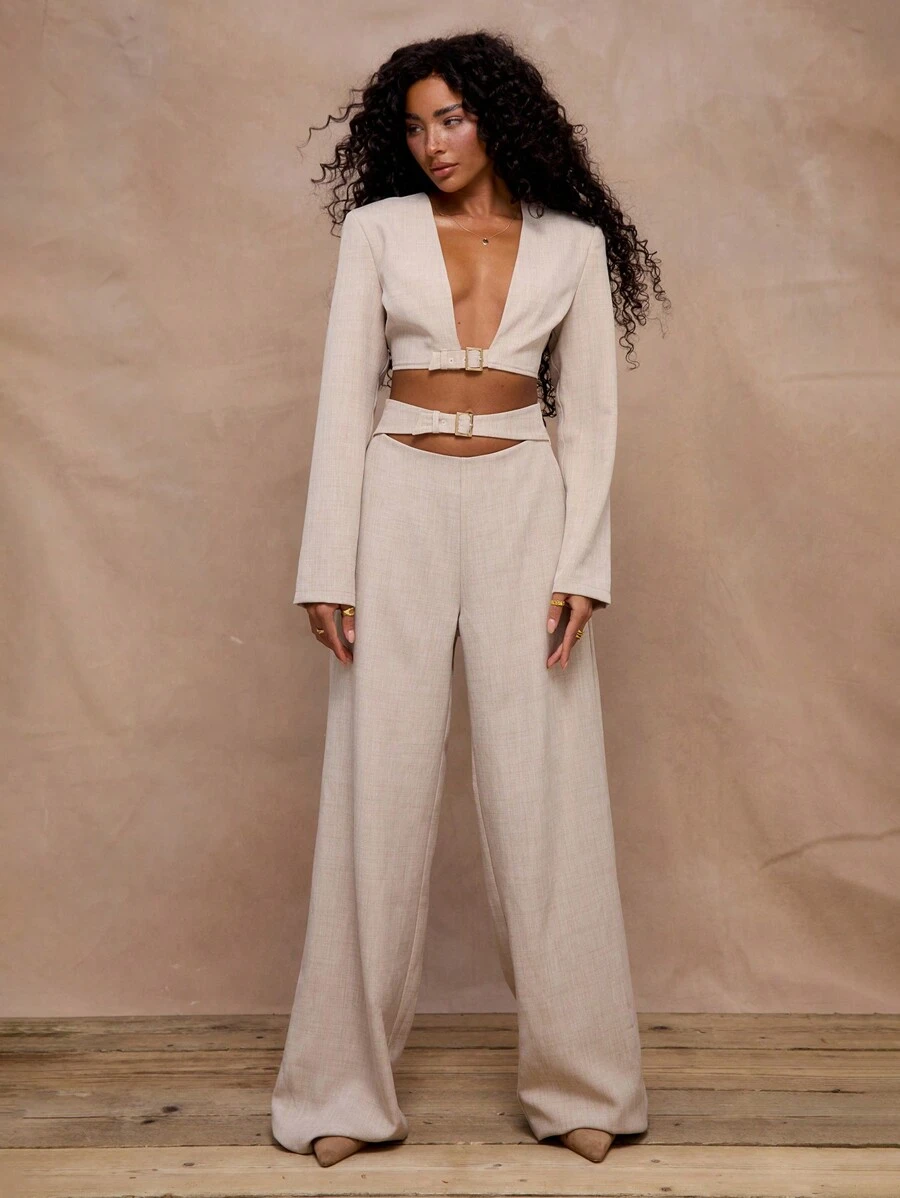 MUSERA 量身定制的带扣前部细节短款西装外套 V 领专业商务休闲度假秋冬秋季工作办公室旧钱约会之夜外出返校婚礼宾客圣诞套装可爱日常亚麻编织派对