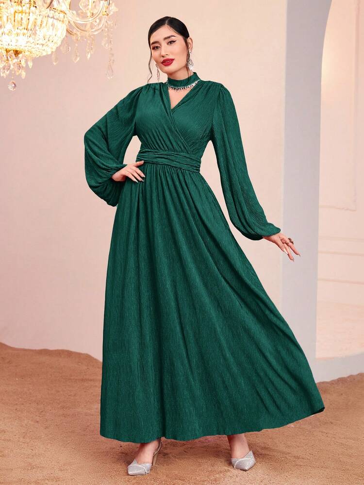 Solid Color Hollow Out Waist Cinched Lantern Sleeve Dress