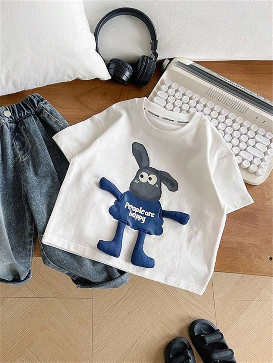 Young Boy Cartoon Print Crew Neck Short Sleeve Casual T-Shirt, Summer - White - View 1