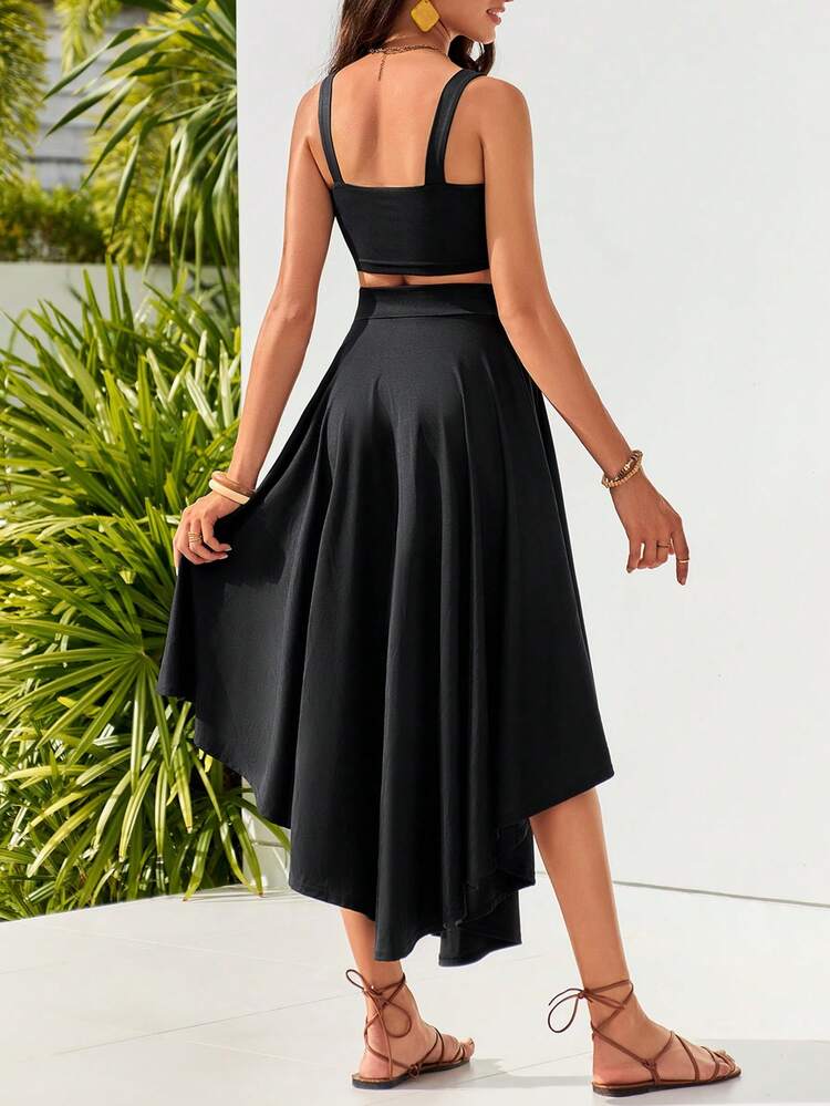 Vacation Solid Color Twist Crop Top And Skirt Set