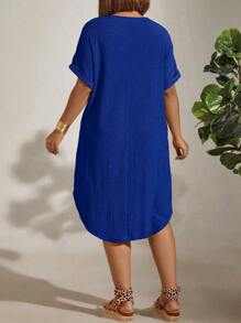 EMERY ROSE Plus Size Women's Solid Color Batwing Short Sleeve Loose Casual Dress With Round Neckline