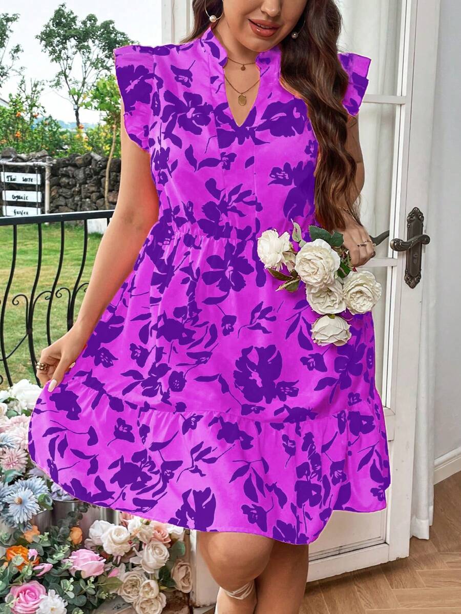 SHEIN Franclia Kích thước lớn Của phụ nữ Tím Lá sen Cạnh Tay áo Cổ tay áo Đầm - Màu tím - Xem 1