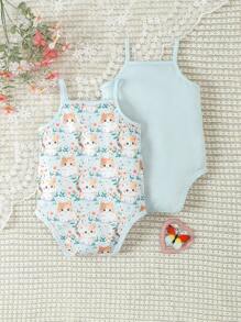 寶寶女孩可愛貓咪印花背帶連體衣，適用於秋季 - 綠色 - 查看 2
