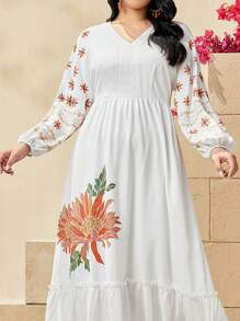 Mulvari Robe Grande Taille Pour Femme À Manches Lanterne Et À Col V Imprimé Floral