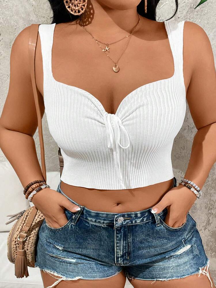 Plus Size Knitted Camisole Top With Ribbed Stripes