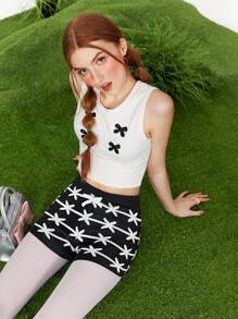 SHEINNeu Conjunto Casual De Suéter Y Pantalones Cortos De Manga Corta Para Mujer Con Estampado Integral