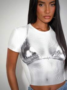 SHEIN BAE Body And Bikini Printed Fun Slim Short Sleeve Women T-Shirt - White - View 6