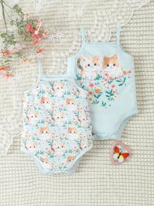 寶寶女孩可愛貓咪印花背帶連體衣，適用於秋季 - 綠色 - 查看 1