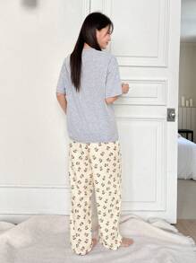 DAZY Conjunto De Pijama Impreso Para Mujeres Con Eslogan Y Dibujos Animados - Gris - Ver 2