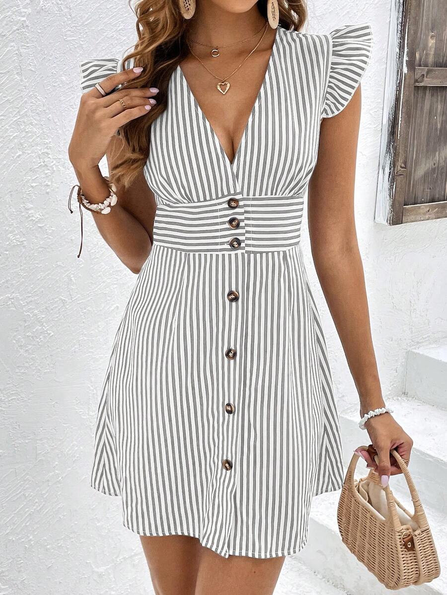 SHEIN Frenchy In sọc Nút phía trước áo tay bướm Ngắn Mùa hè Đầm - Xám - Xem 1
